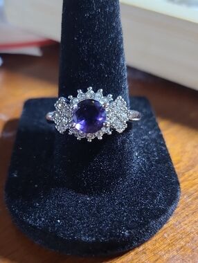Purple Amethyst and Clear Cubic Zirconia Cluster Ring Set in Sterling Silver.